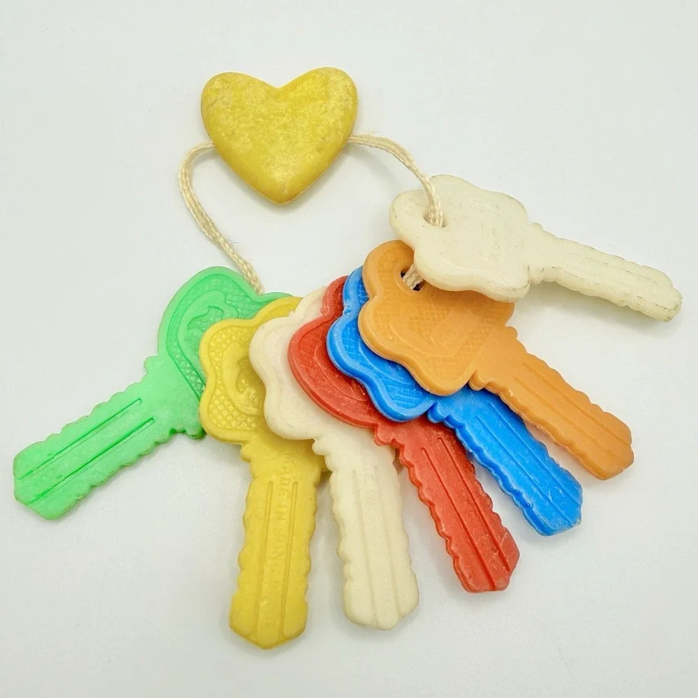 Vintage 1960s Klickum Key Baby Toy Keys Ring Set of 7 with Puffy Heart on String